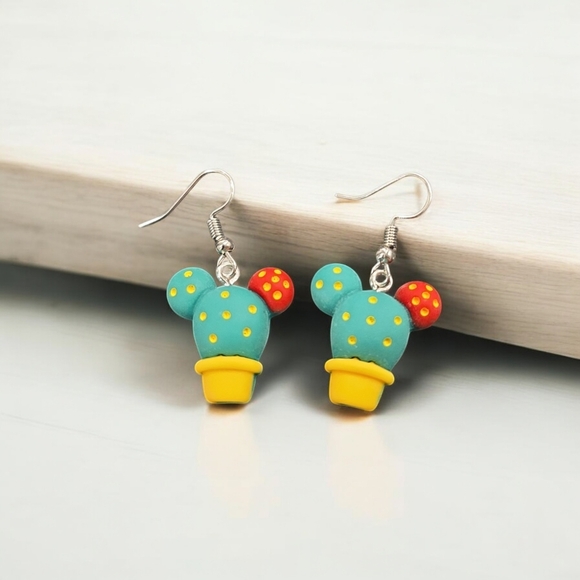Vibrant Cactus Charm Earrings with Silver Hooks - Picture 1 of 2